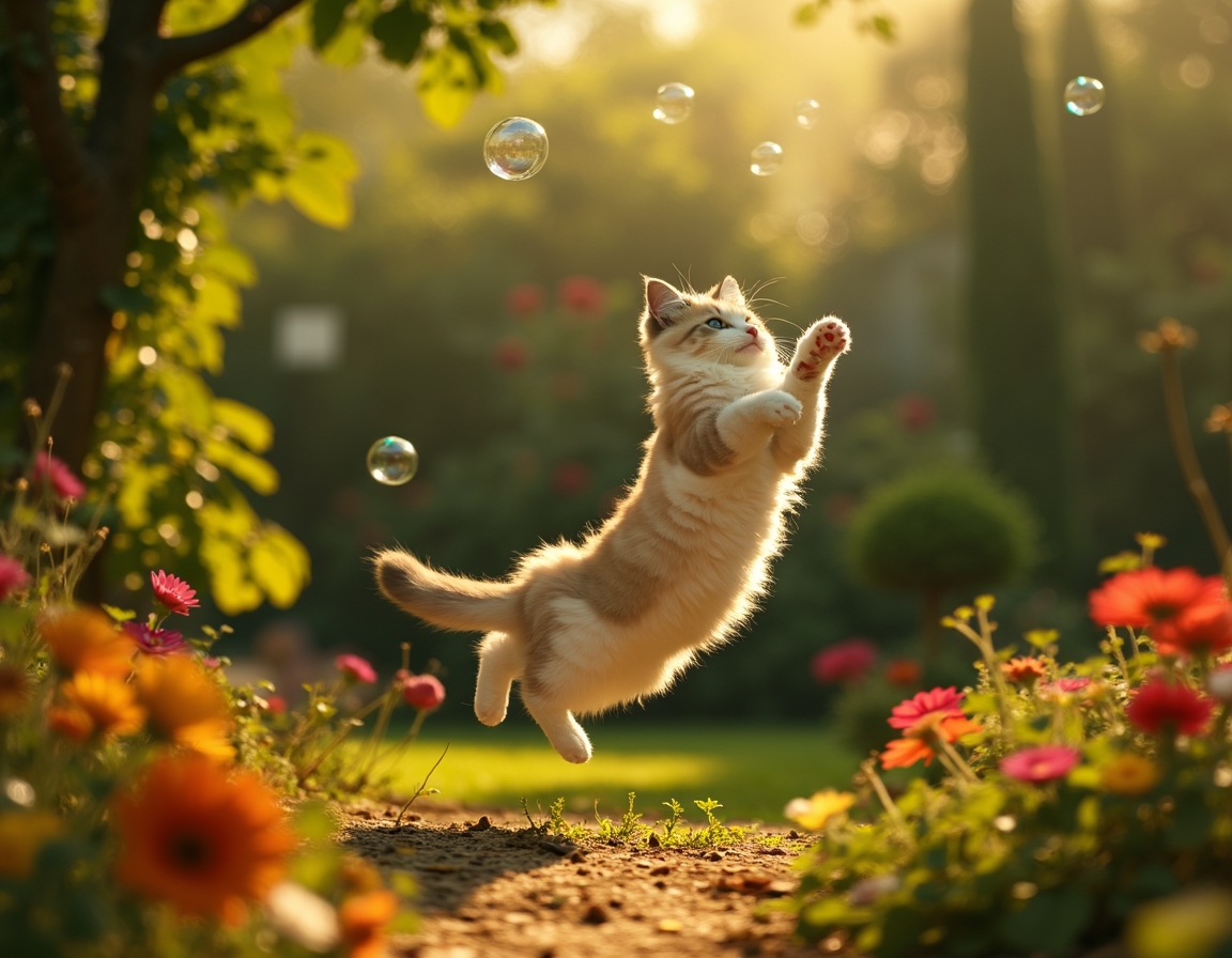 Cat leaps gracefully at a floating bubble, surrounded by a vibrant garden filled with flowers and greenery.